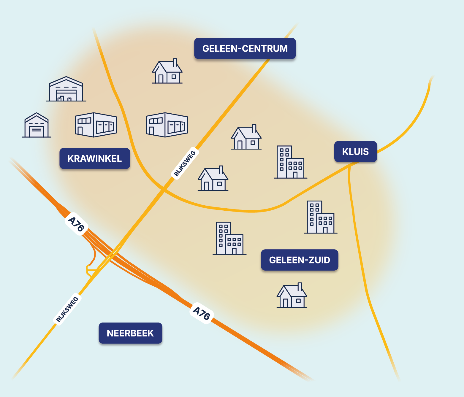 Onderzoeksgebied warmtenet in Zuid Geleen met wijken Geleen-Zuid, Kluis, Geleen-Centrum en bedrijventerrein Krawinkel.